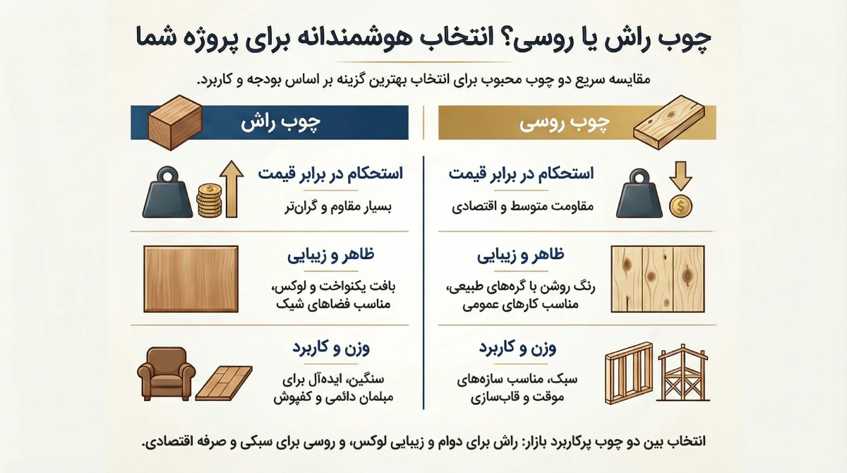 اینفوگرافیک مقیسه چوب روسی و راش